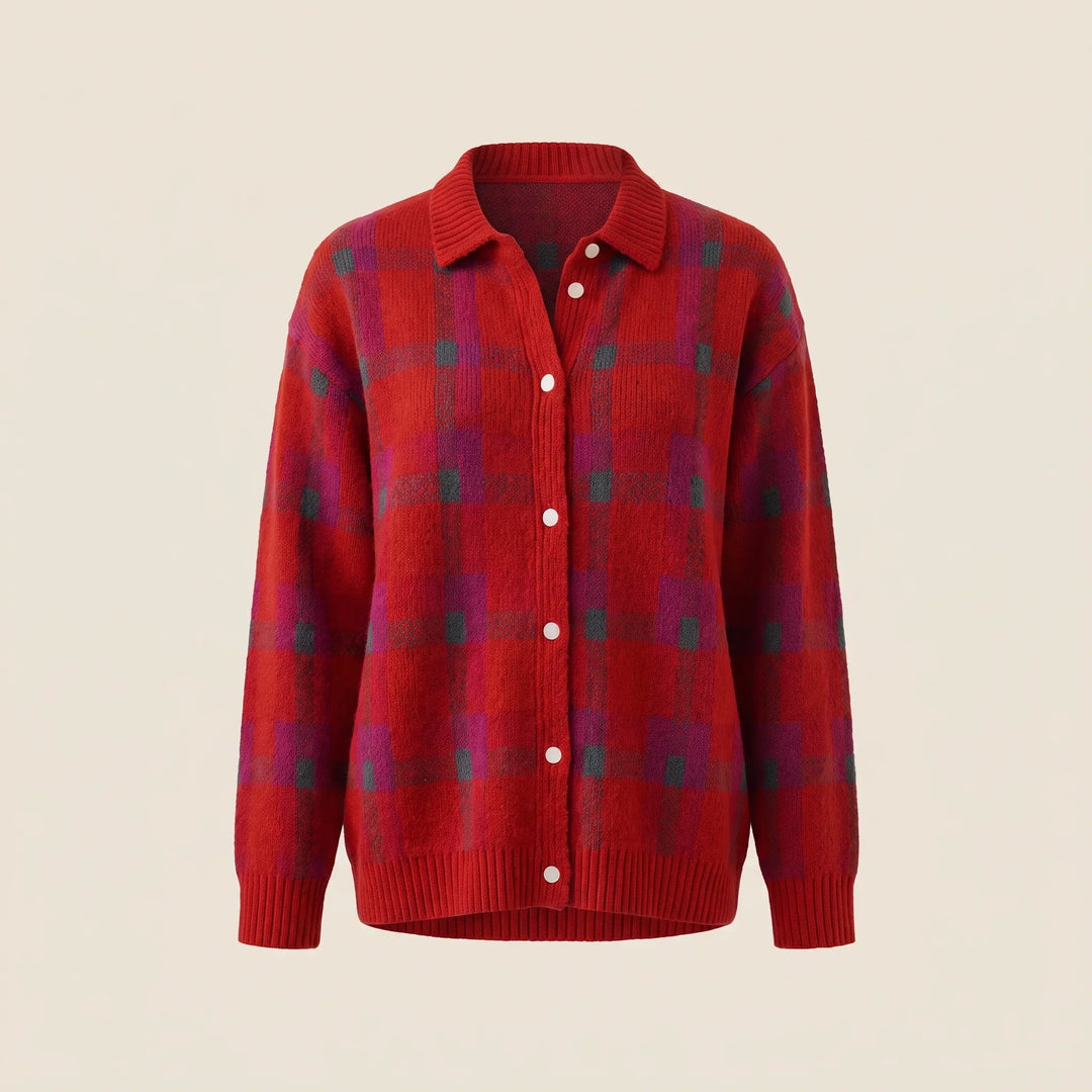 Plaid Cardigan Sweater for Women – Collared Button Front Long Sleeve Knit, Retro Fall Sweater