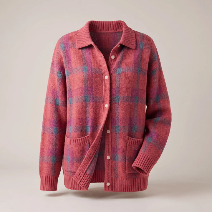Plaid Cardigan Sweater for Women – Collared Button Front Long Sleeve Knit, Retro Fall Sweater