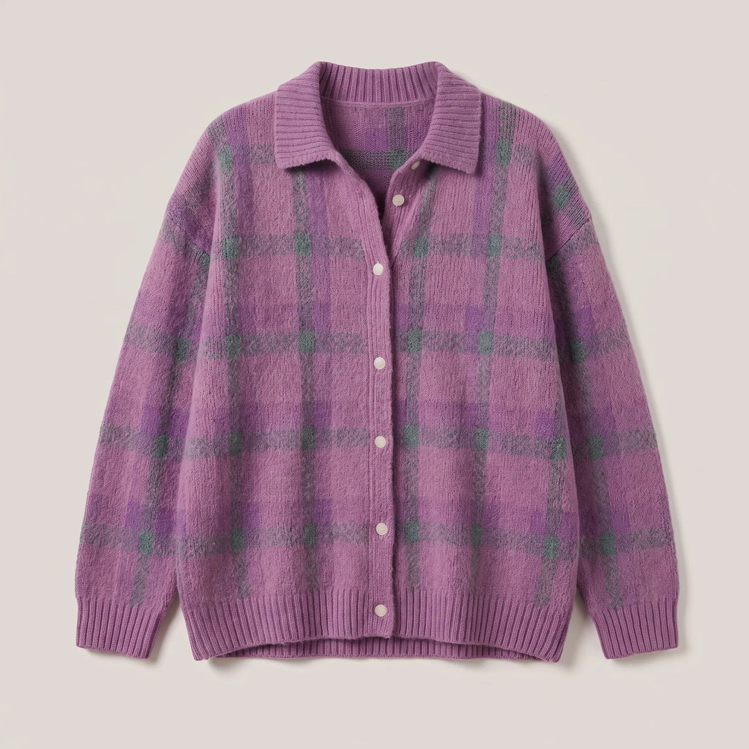 Plaid Cardigan Sweater for Women – Collared Button Front Long Sleeve Knit, Retro Fall Sweater