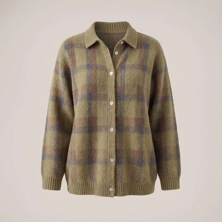Plaid Cardigan Sweater for Women – Collared Button Front Long Sleeve Knit, Retro Fall Sweater