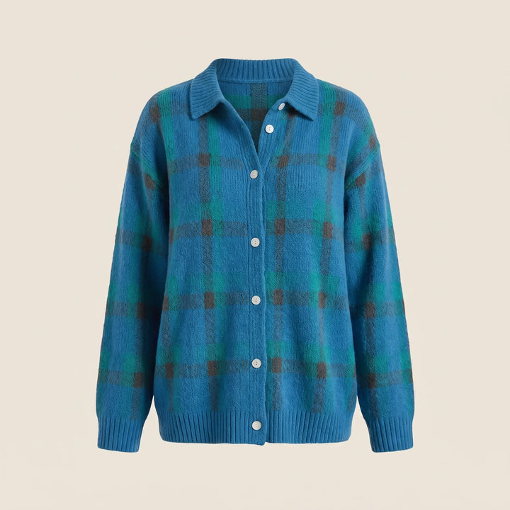 Plaid Cardigan Sweater for Women – Collared Button Front Long Sleeve Knit, Retro Fall Sweater
