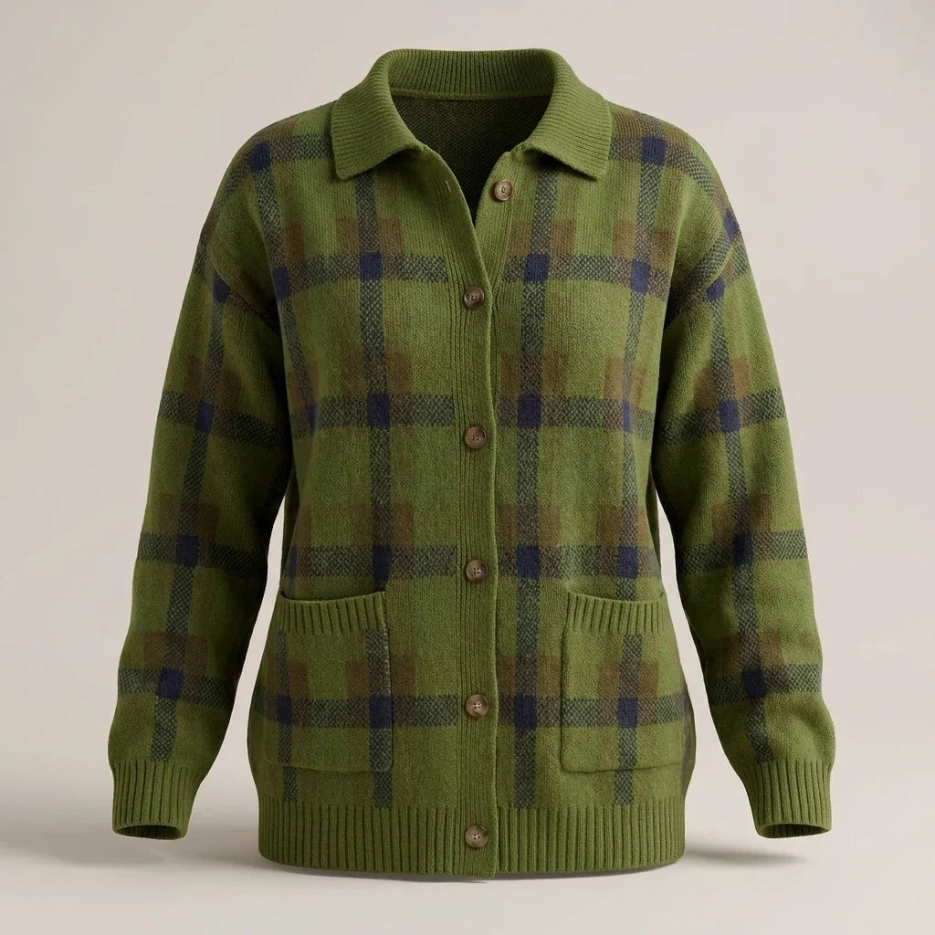 Plaid Cardigan Sweater for Women – Collared Button Front Long Sleeve Knit, Retro Fall Sweater