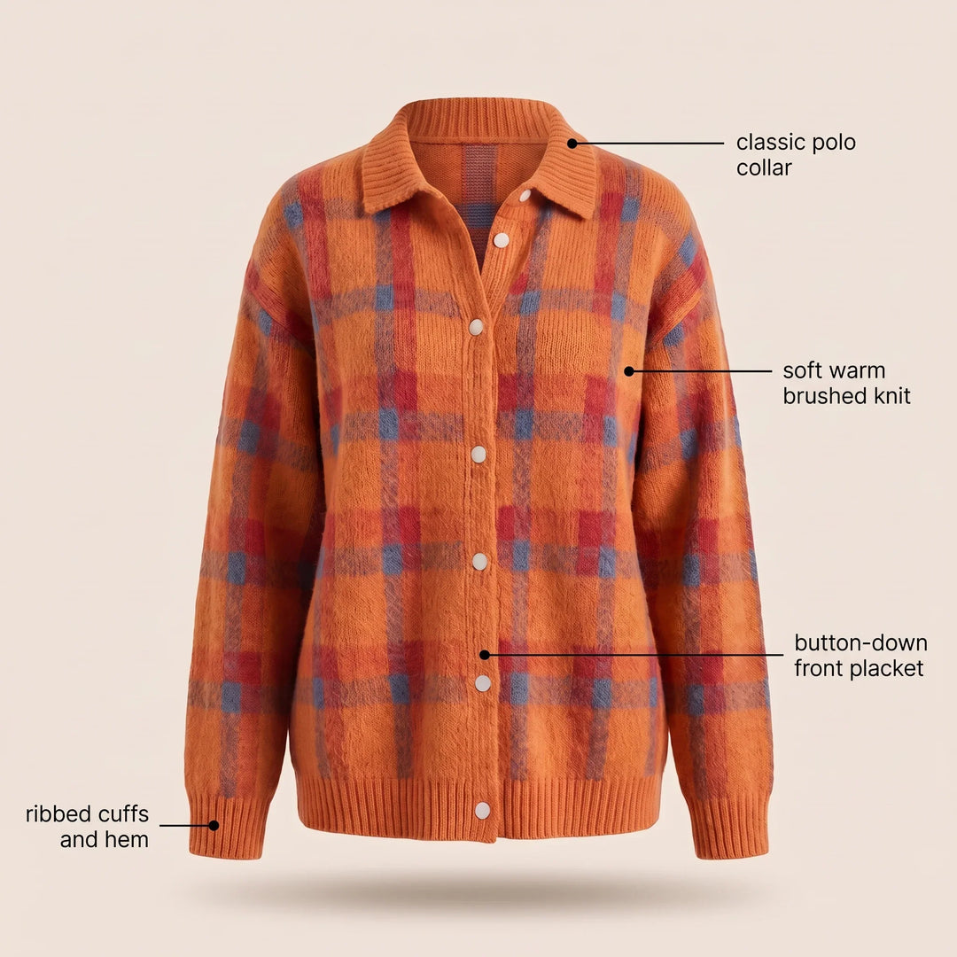 Plaid Cardigan Sweater for Women – Collared Button Front Long Sleeve Knit, Retro Fall Sweater