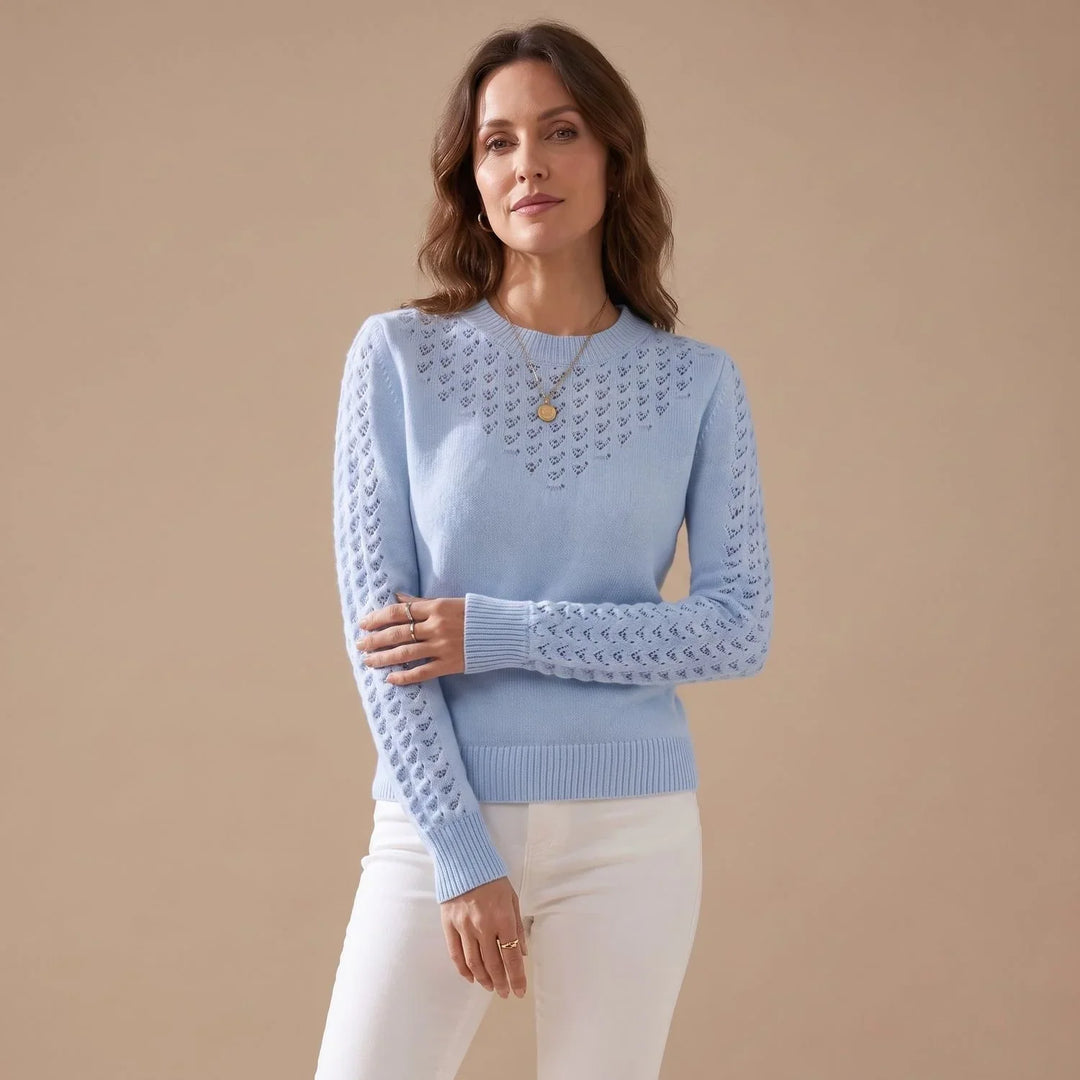 Pointelle Knit Sweater for Women – Crew Neck Long Sleeve Pullover, Soft Fall Knit Sweater
