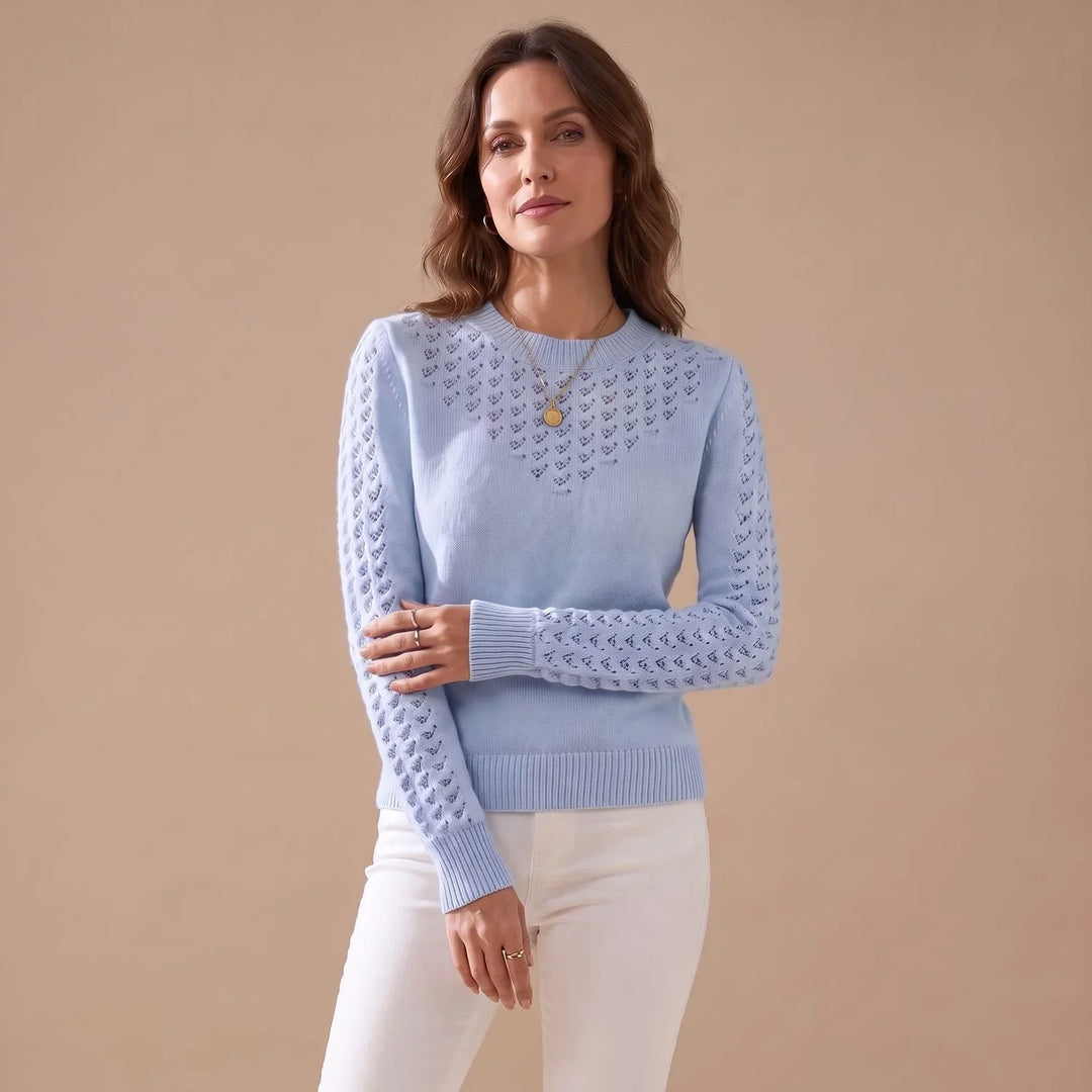 Pointelle Knit Sweater for Women – Crew Neck Long Sleeve Pullover, Soft Fall Knit Sweater
