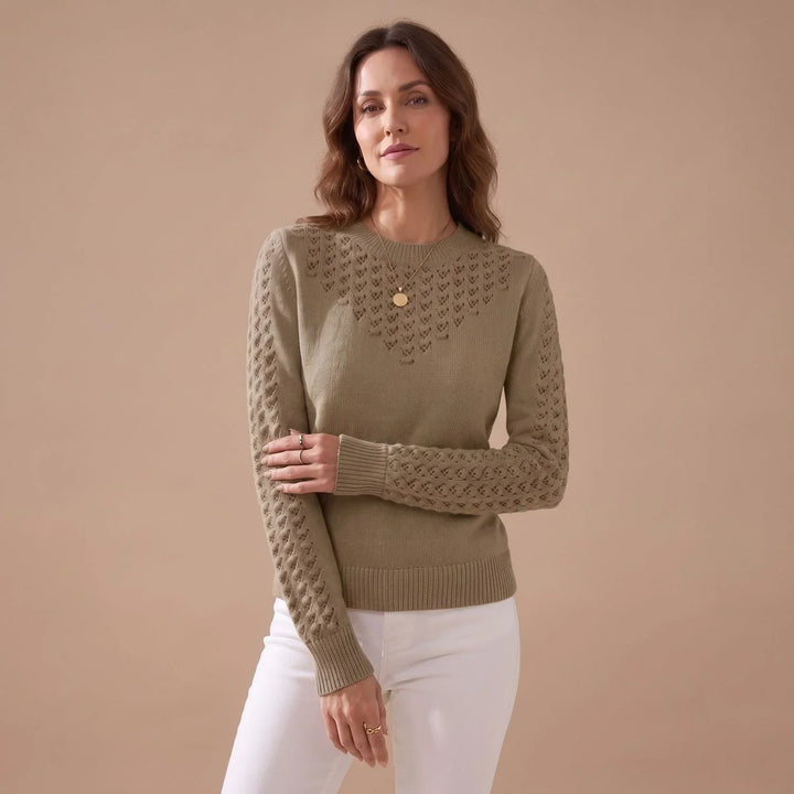 Pointelle Knit Sweater for Women – Crew Neck Long Sleeve Pullover, Soft Fall Knit Sweater
