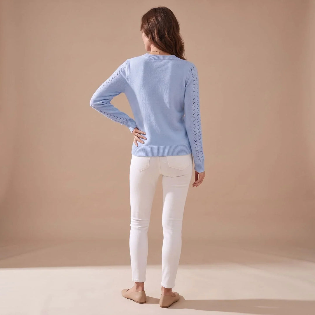 Pointelle Knit Sweater for Women – Crew Neck Long Sleeve Pullover, Soft Fall Knit Sweater
