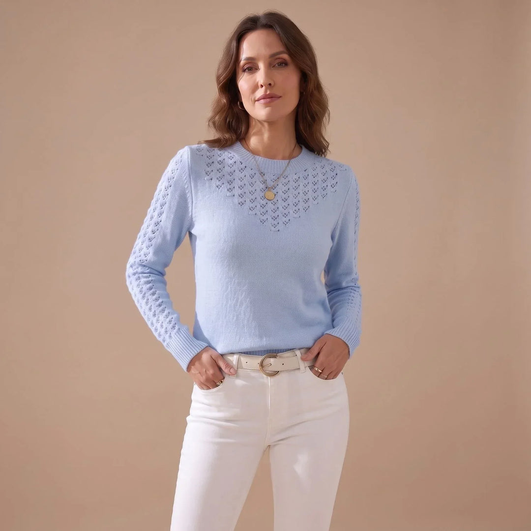 Pointelle Knit Sweater for Women – Crew Neck Long Sleeve Pullover, Soft Fall Knit Sweater