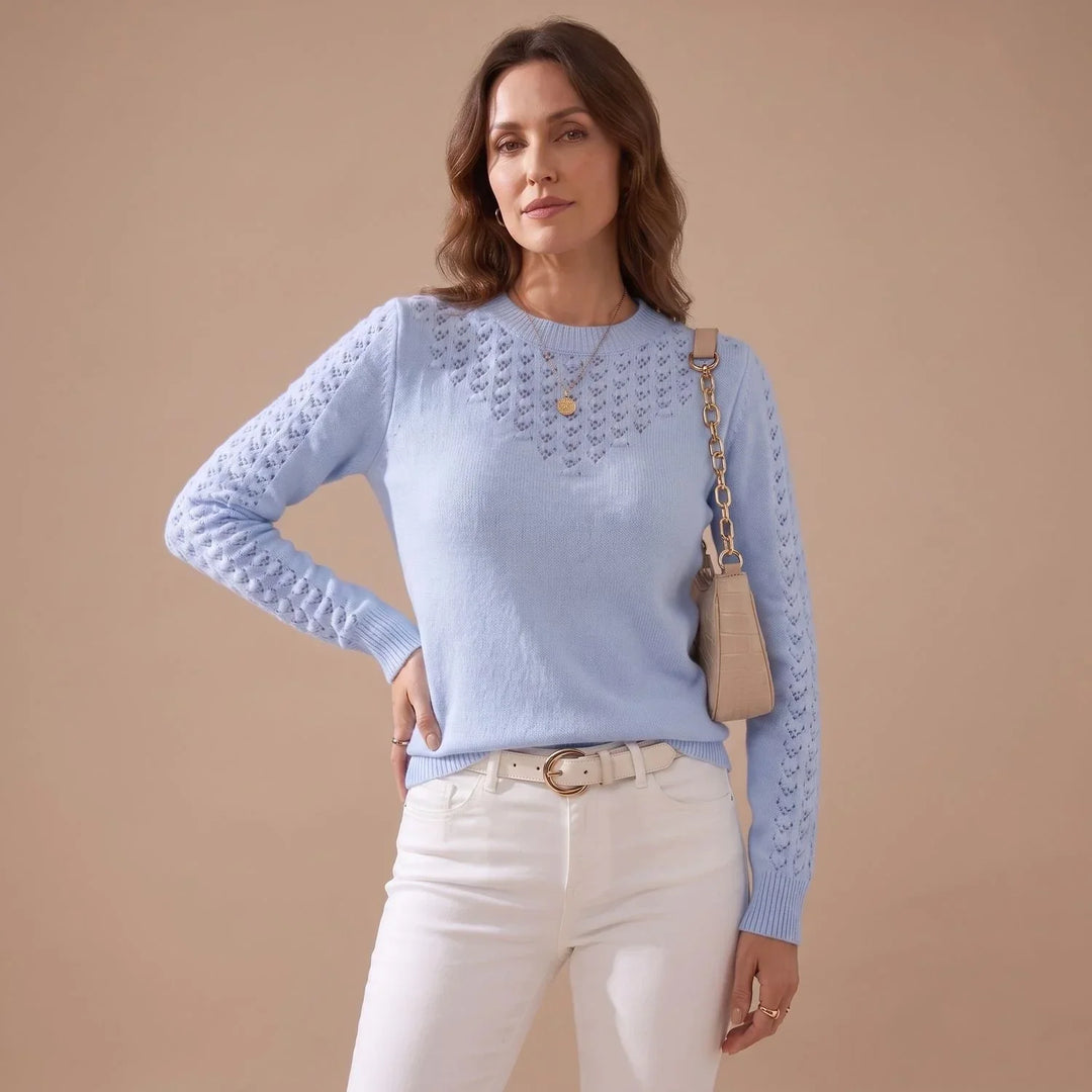 Pointelle Knit Sweater for Women – Crew Neck Long Sleeve Pullover, Soft Fall Knit Sweater
