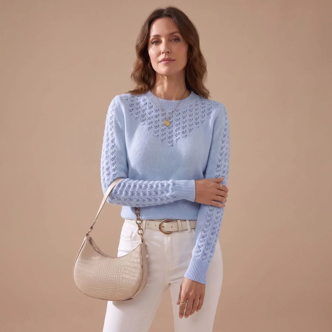 Pointelle Knit Sweater for Women – Crew Neck Long Sleeve Pullover, Soft Fall Knit Sweater