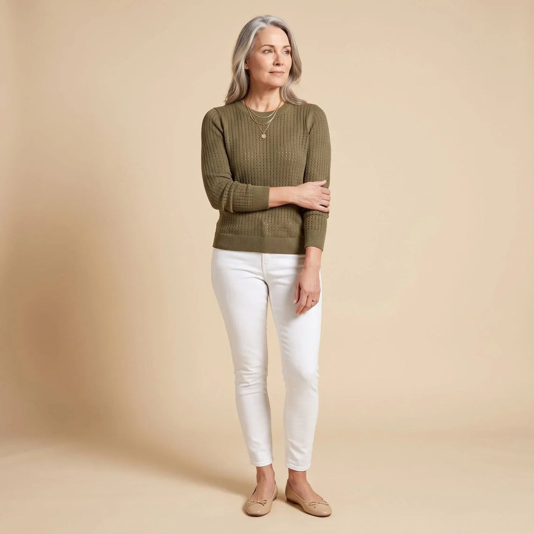 Pointelle Knit Sweater for Women – Crew Neck Long Sleeve Pullover, Soft Fall Knit Sweater