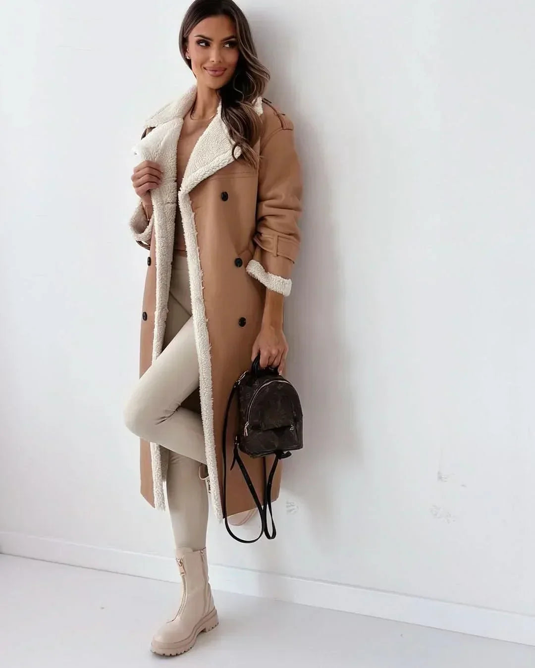 Faux Fur Lined Trench Coat for Women – Double Breasted Belted Winter Trench with Wide Lapel