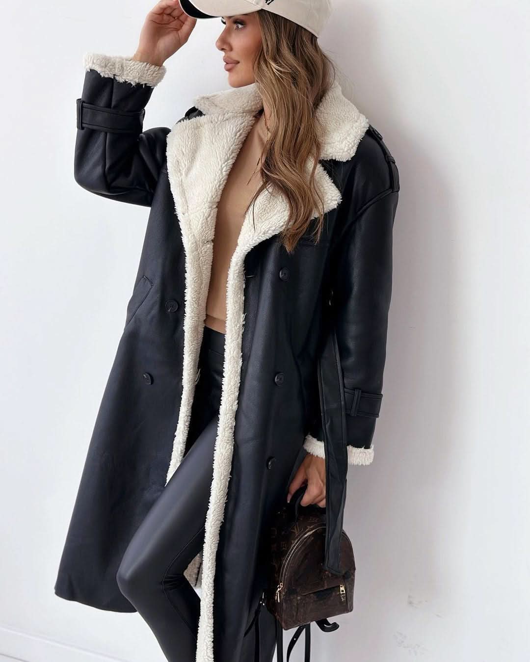 Faux Fur Lined Trench Coat for Women – Double Breasted Belted Winter Trench with Wide Lapel