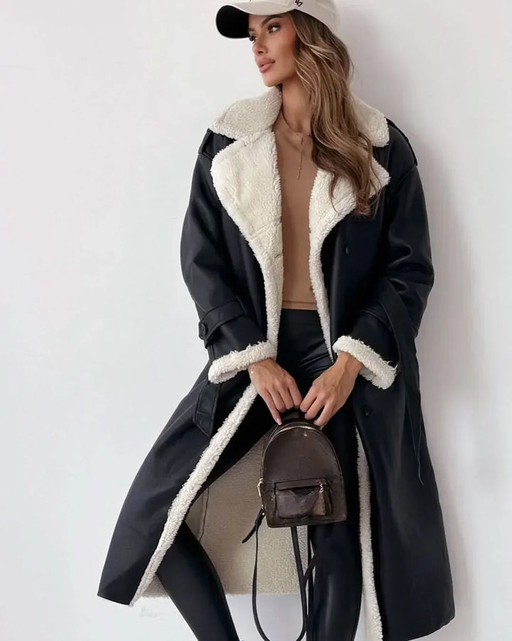 Faux Fur Lined Trench Coat for Women – Double Breasted Belted Winter Trench with Wide Lapel