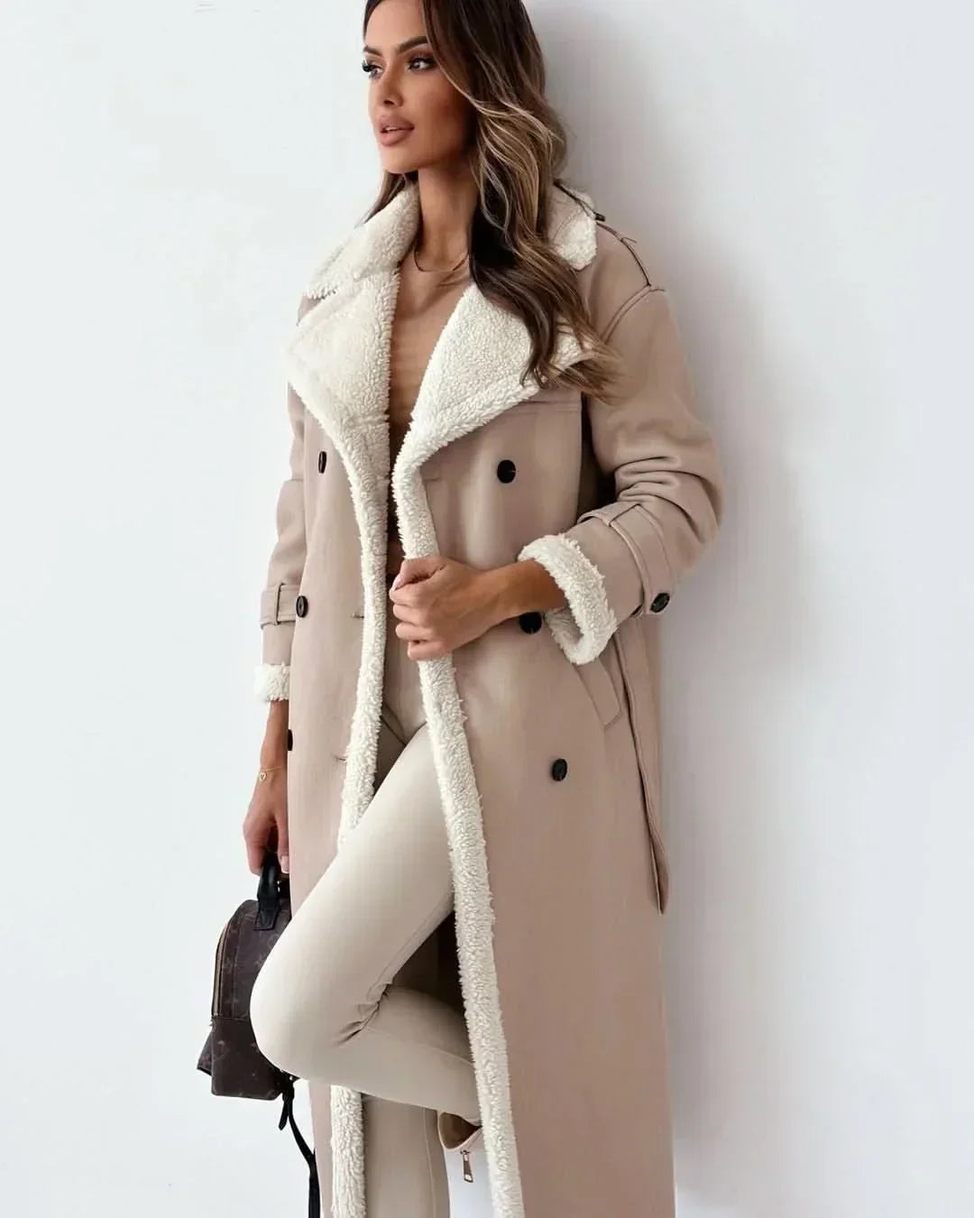 Faux Fur Lined Trench Coat for Women – Double Breasted Belted Winter Trench with Wide Lapel