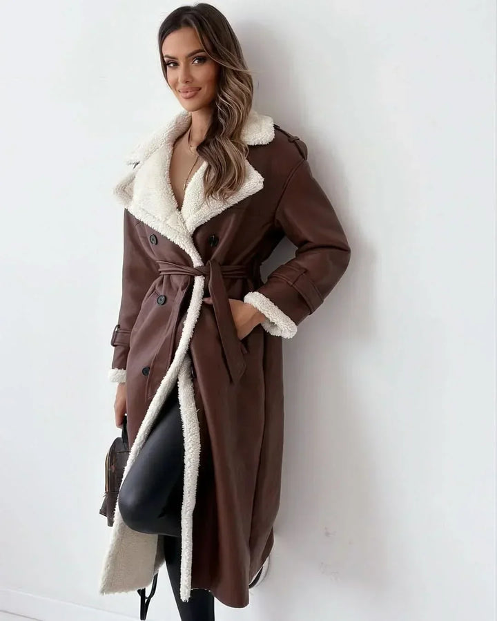 Faux Fur Lined Trench Coat for Women – Double Breasted Belted Winter Trench with Wide Lapel