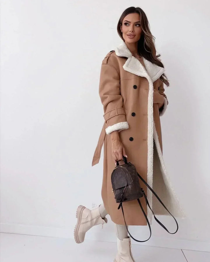 Faux Fur Lined Trench Coat for Women – Double Breasted Belted Winter Trench with Wide Lapel