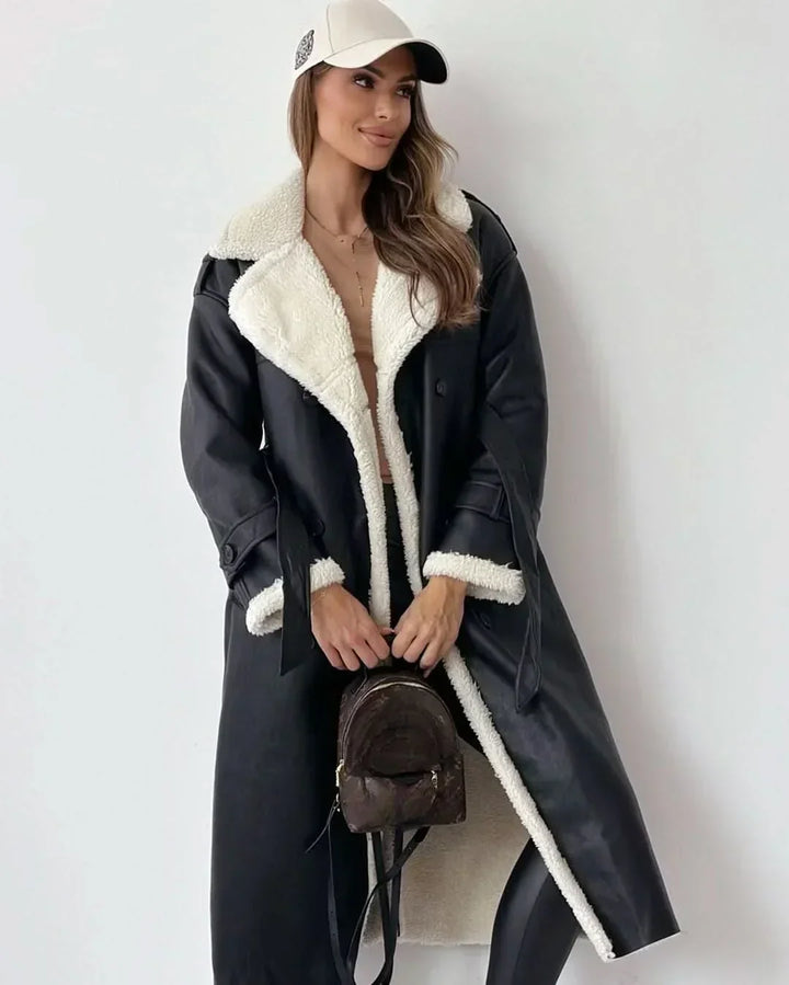 Faux Fur Lined Trench Coat for Women – Double Breasted Belted Winter Trench with Wide Lapel