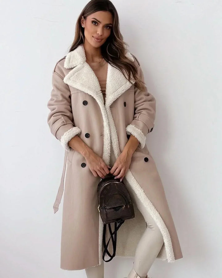 Faux Fur Lined Trench Coat for Women – Double Breasted Belted Winter Trench with Wide Lapel