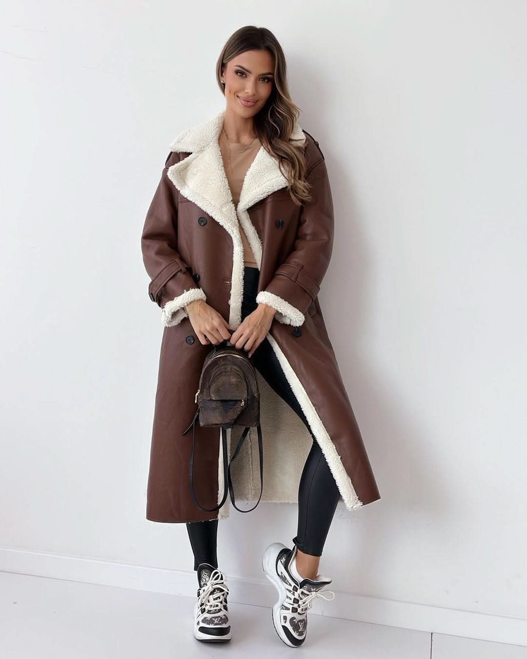 Faux Fur Lined Trench Coat for Women – Double Breasted Belted Winter Trench with Wide Lapel