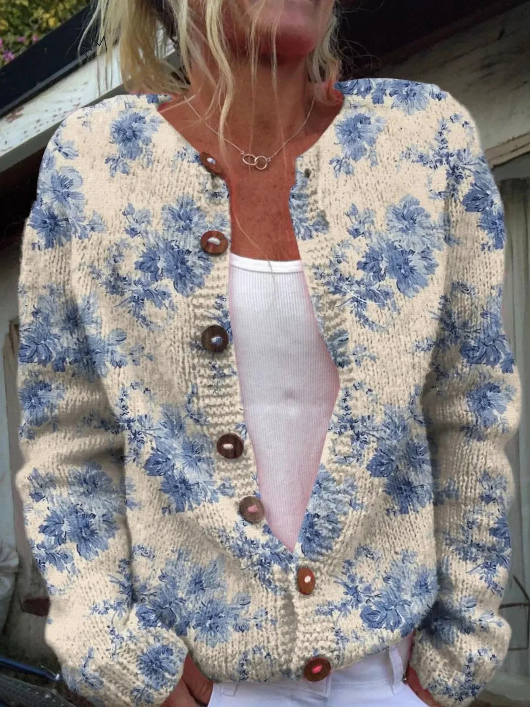 Light Blue Floral Cardigan for Women – Crew Neck Button Up Knit Sweater, Long Sleeve Cardigan
