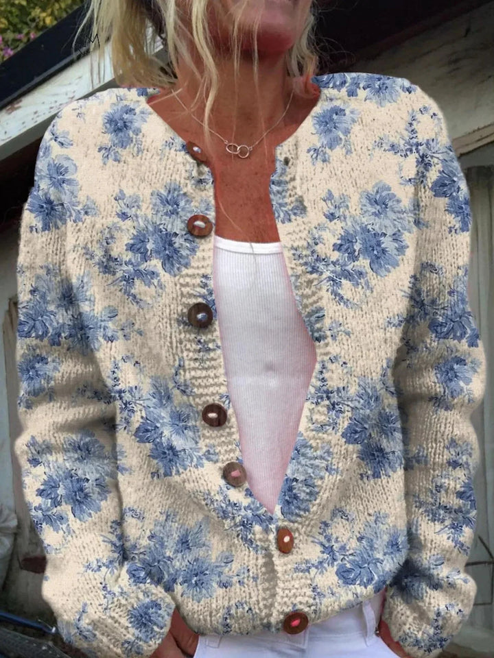 Light Blue Floral Cardigan for Women – Crew Neck Button Up Knit Sweater, Long Sleeve Cardigan