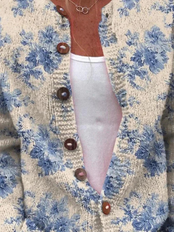 Light Blue Floral Cardigan for Women – Crew Neck Button Up Knit Sweater, Long Sleeve Cardigan