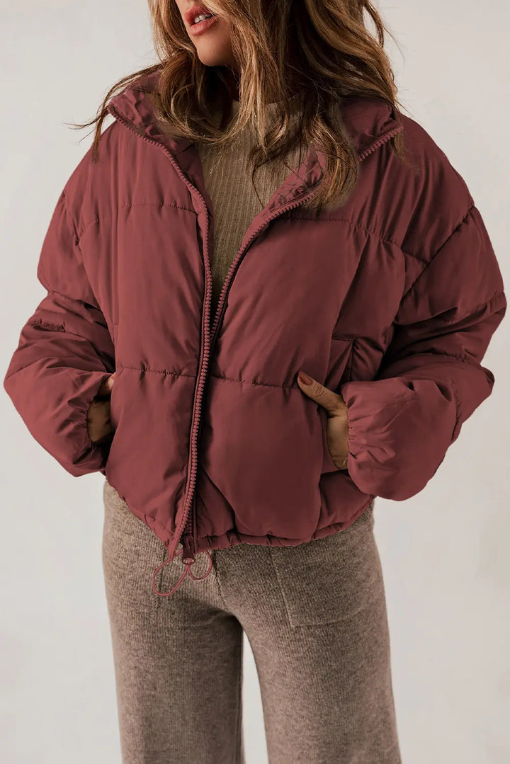 Winter Coat for Women – Stand Collar Zip Up Long Sleeve Coat in Brick Red, Cream, Taupe, Warm Cold Weather Jacket