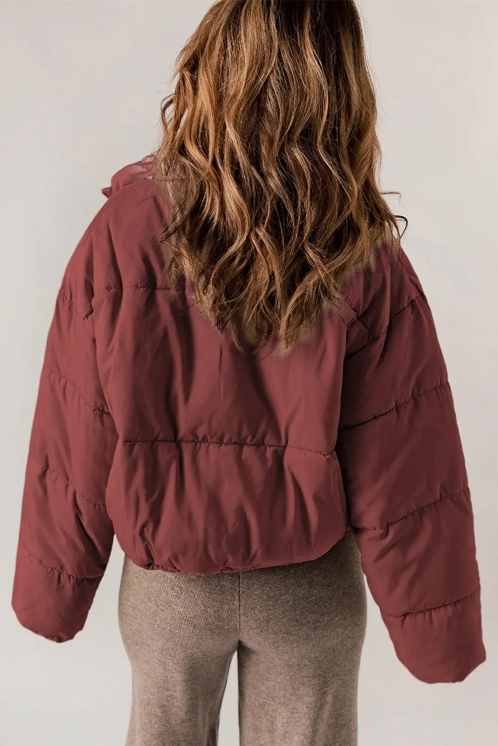 Winter Coat for Women – Stand Collar Zip Up Long Sleeve Coat in Brick Red, Cream, Taupe, Warm Cold Weather Jacket