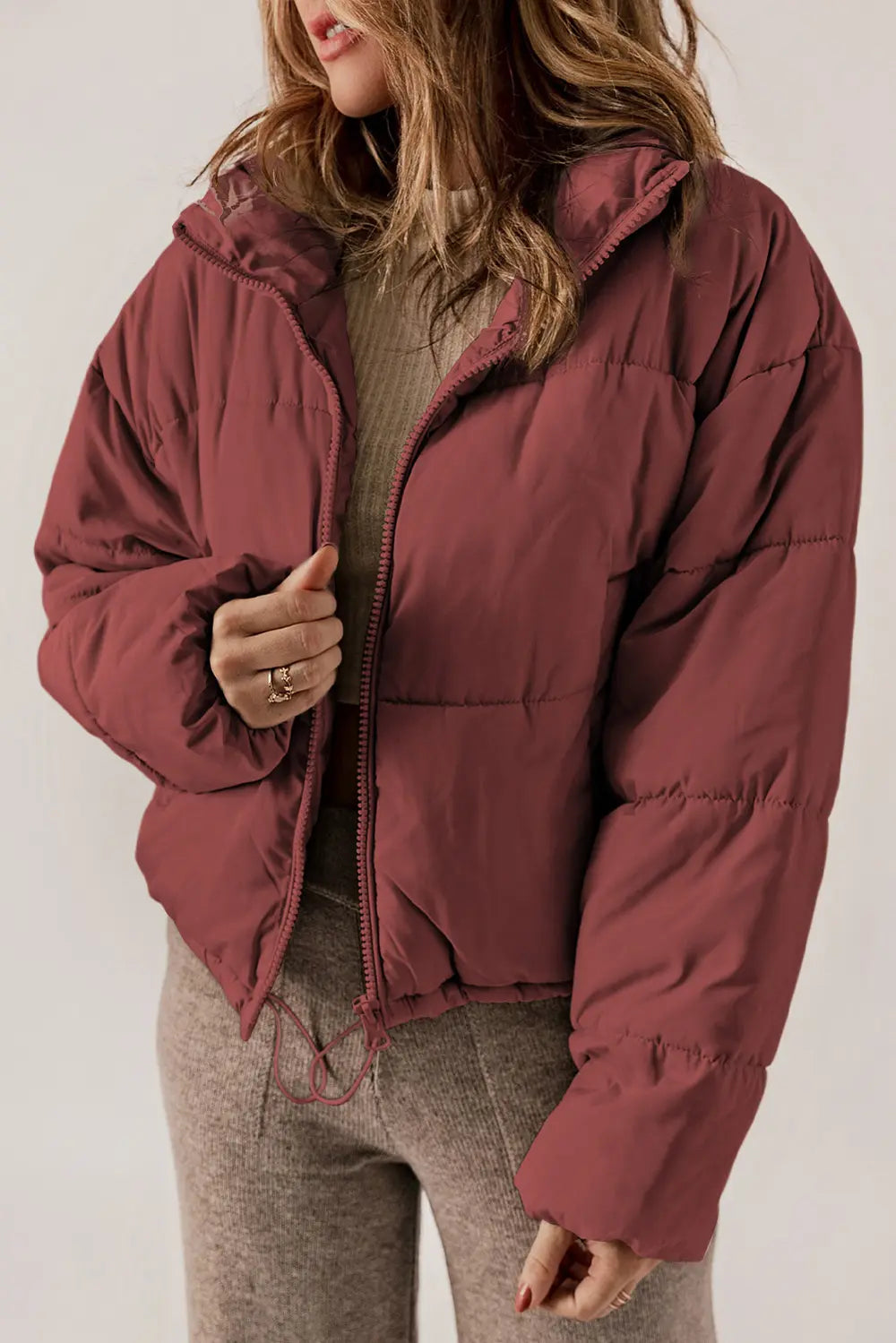 Winter Coat for Women – Stand Collar Zip Up Long Sleeve Coat in Brick Red, Cream, Taupe, Warm Cold Weather Jacket