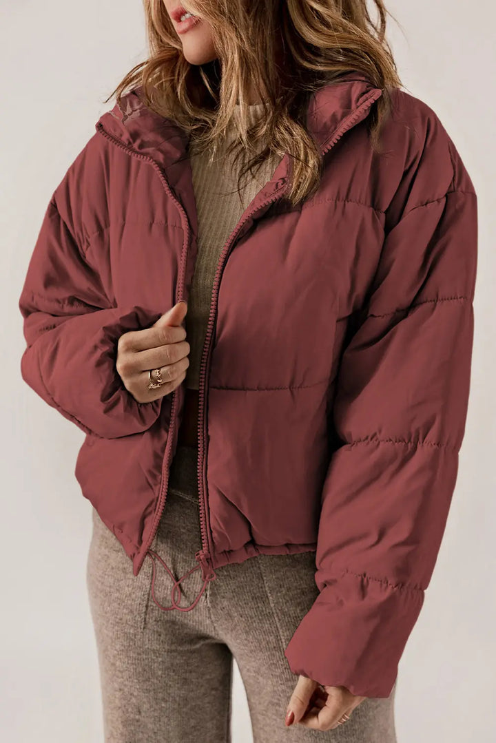 Winter Coat for Women – Stand Collar Zip Up Long Sleeve Coat in Brick Red, Cream, Taupe, Warm Cold Weather Jacket