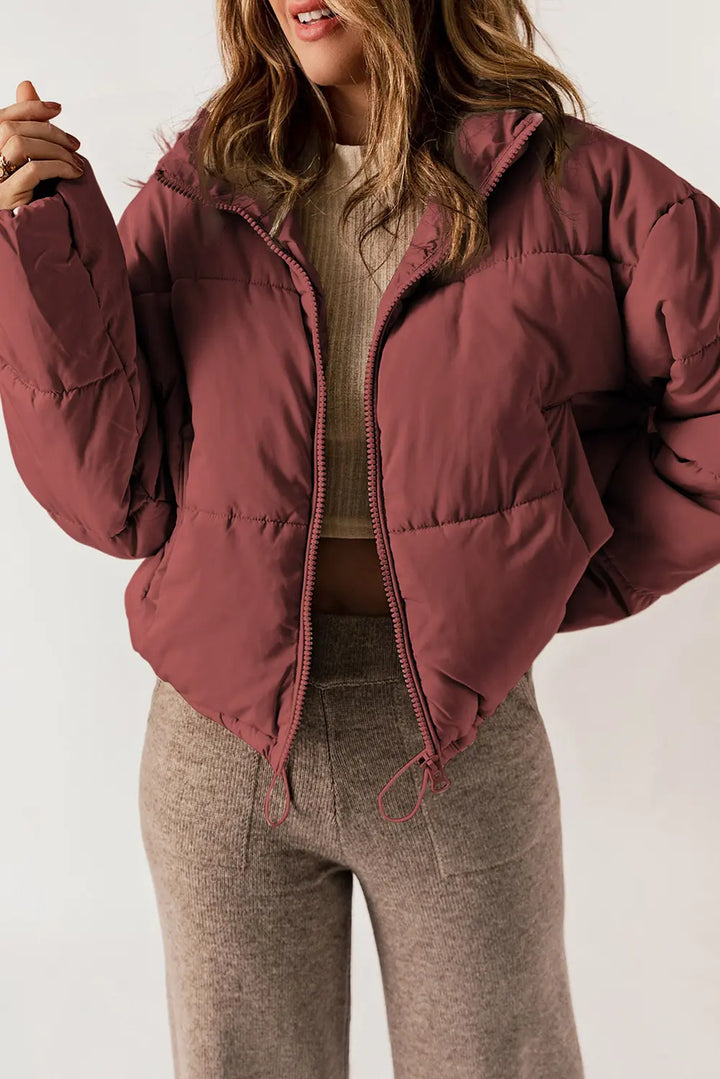 Winter Coat for Women – Stand Collar Zip Up Long Sleeve Coat in Brick Red, Cream, Taupe, Warm Cold Weather Jacket