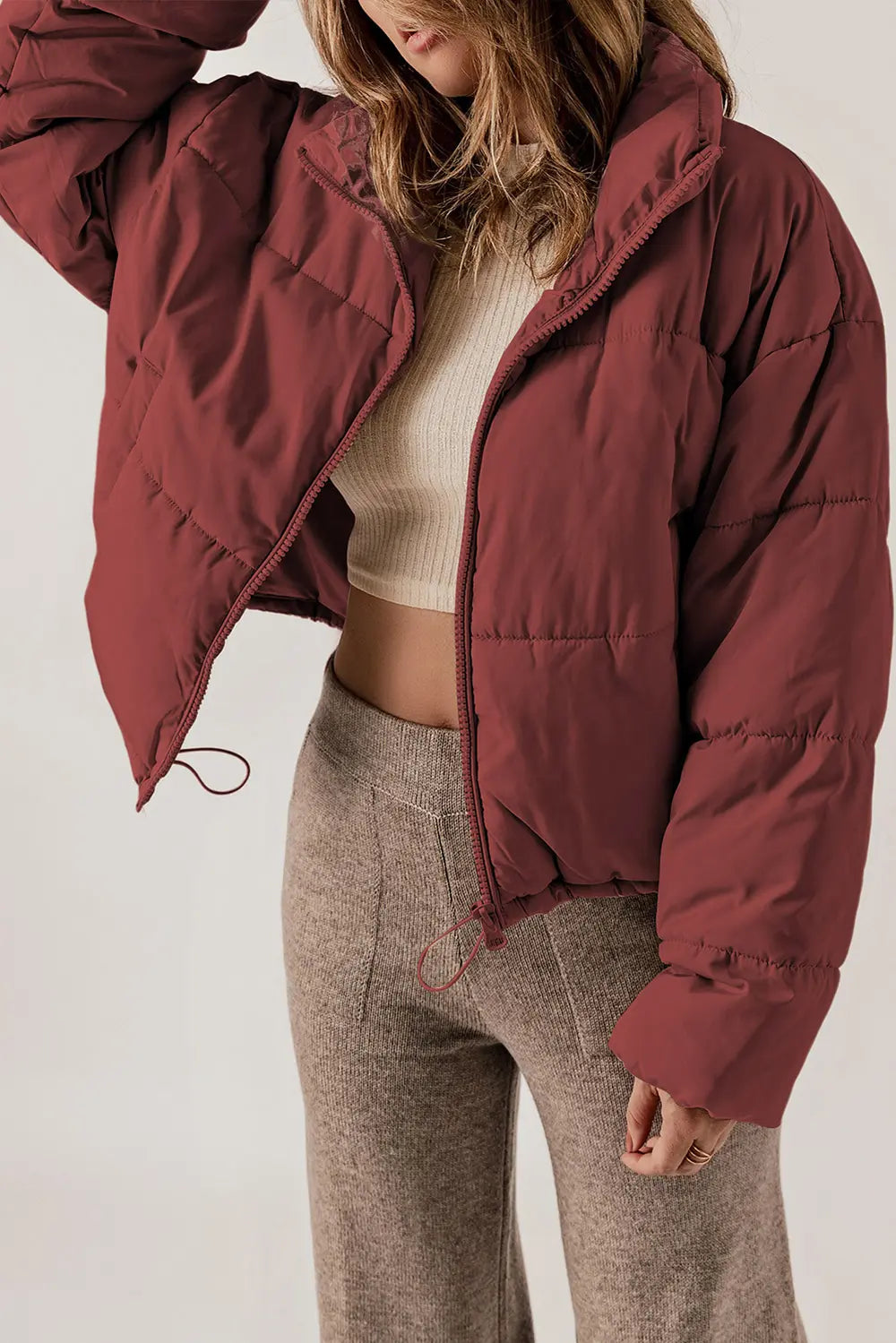 Winter Coat for Women – Stand Collar Zip Up Long Sleeve Coat in Brick Red, Cream, Taupe, Warm Cold Weather Jacket