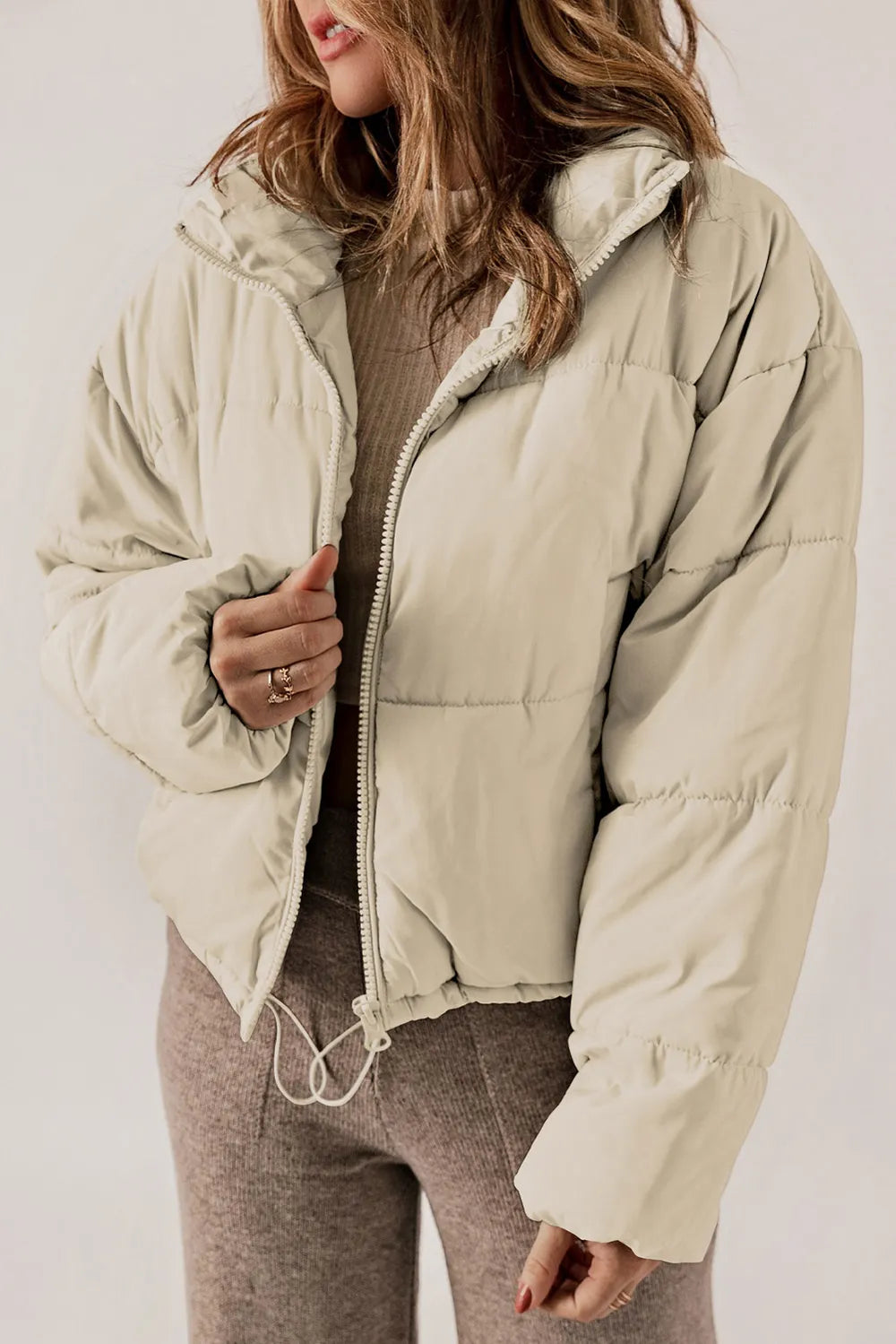 Winter Coat for Women – Stand Collar Zip Up Long Sleeve Coat in Brick Red, Cream, Taupe, Warm Cold Weather Jacket