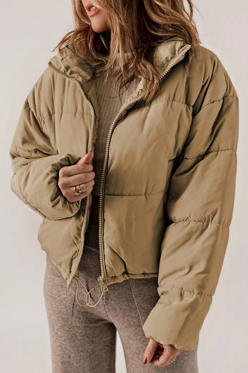 Winter Coat for Women – Stand Collar Zip Up Long Sleeve Coat in Brick Red, Cream, Taupe, Warm Cold Weather Jacket