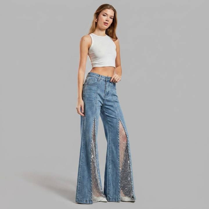 Effortless Blue Wide Leg Jeans for Women with High Waist Mesh Slit Pearl Embellished Flare Style