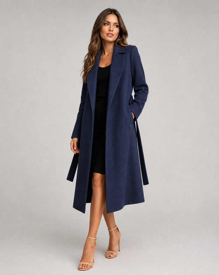 Elegant Navy Trench Coat for Women with Belted Wool-Blend Long Lapel Style