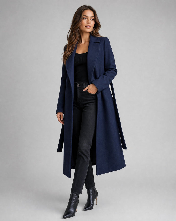 Elegant Navy Trench Coat for Women with Belted Wool-Blend Long Lapel Style