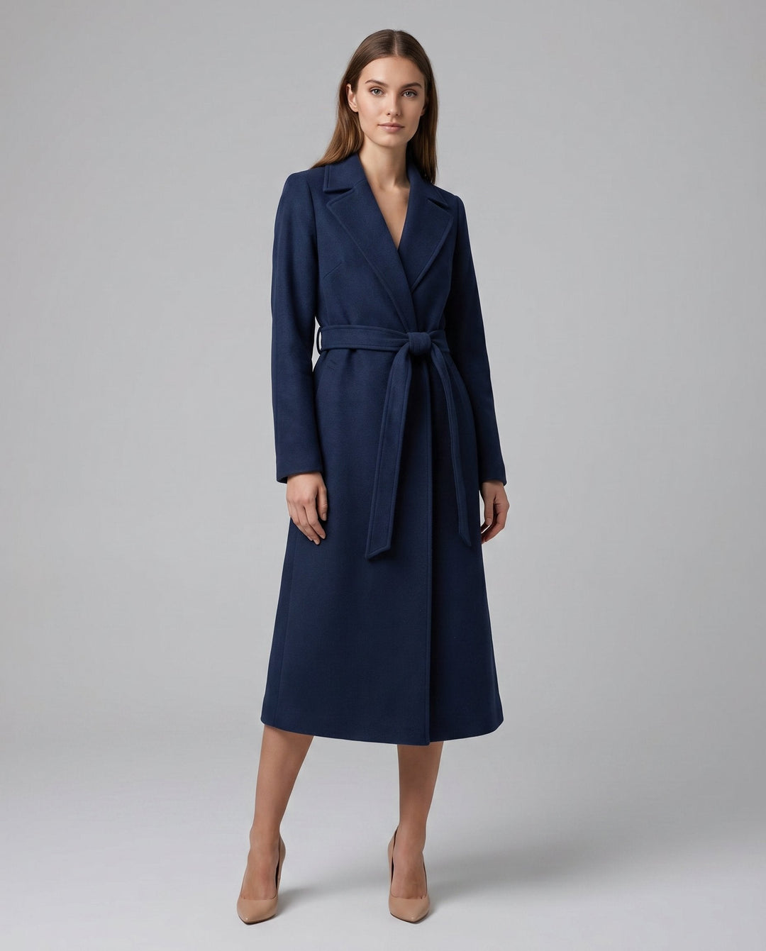Elegant Navy Trench Coat for Women with Belted Wool-Blend Long Lapel Style