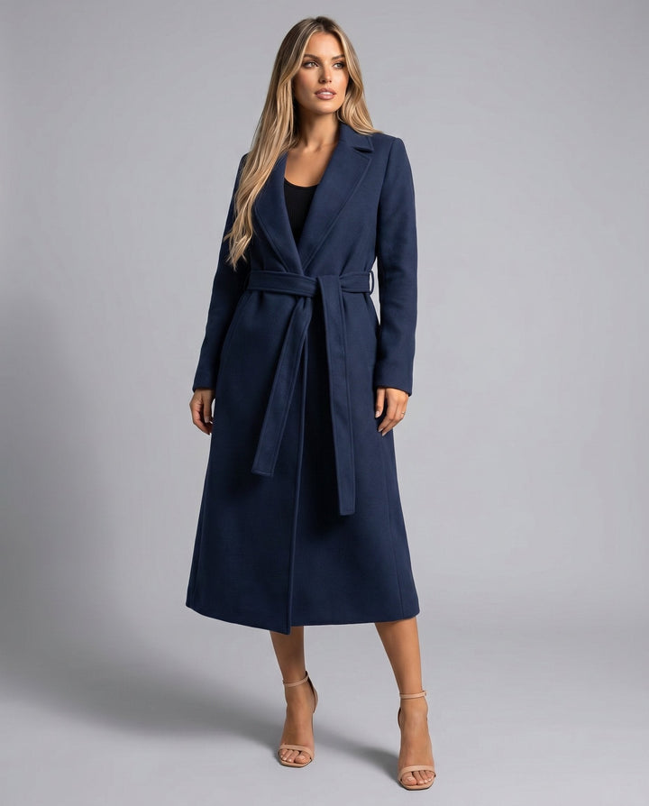 Elegant Navy Trench Coat for Women with Belted Wool-Blend Long Lapel Style