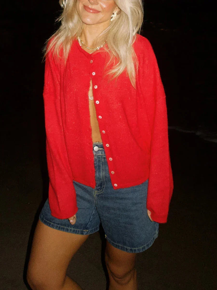 Comfortable Knit Cardigan for Women with Collar Long Sleeve Button Front Dropped Shoulder Relaxed Style