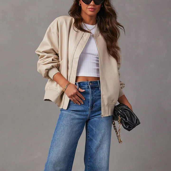Sleek Faux Leather Bomber Jacket for Women with Stand Collar Long Sleeve Zip Up Ribbed Trim Oversized Style