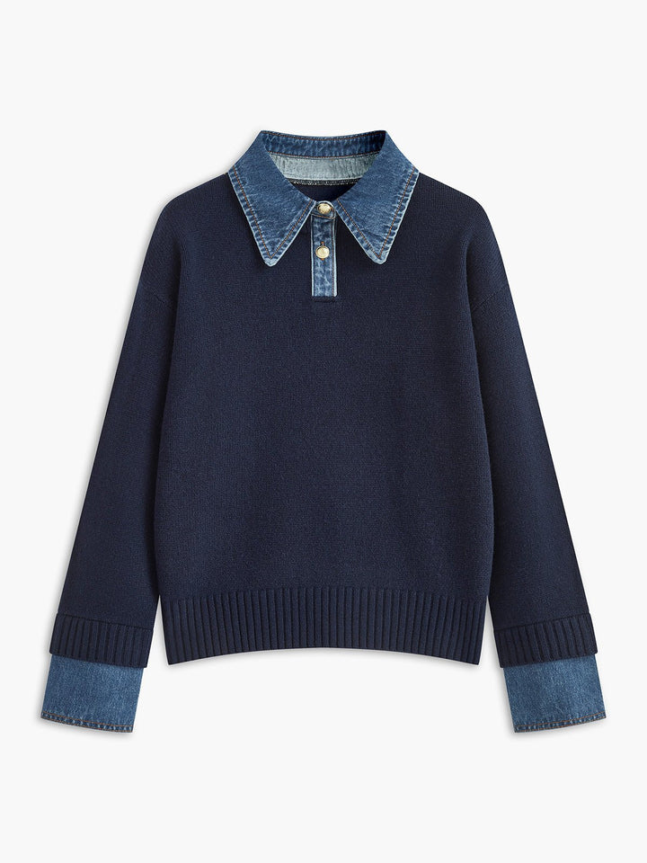 Stylish Polo Shirts for Women with Denim Collar Knit Sweater Design