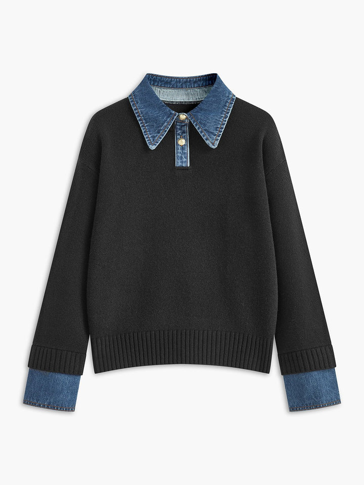 Stylish Polo Shirts for Women with Denim Collar Knit Sweater Design