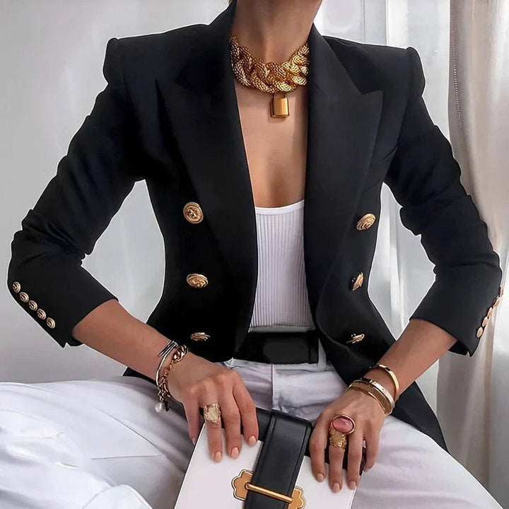 Elegant Tailored Blazer for Women with Double Breasted Gold Button Fitted Structured Style