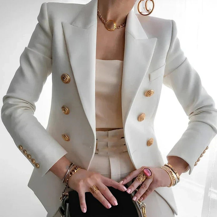 Elegant Tailored Blazer for Women with Double Breasted Gold Button Fitted Structured Style