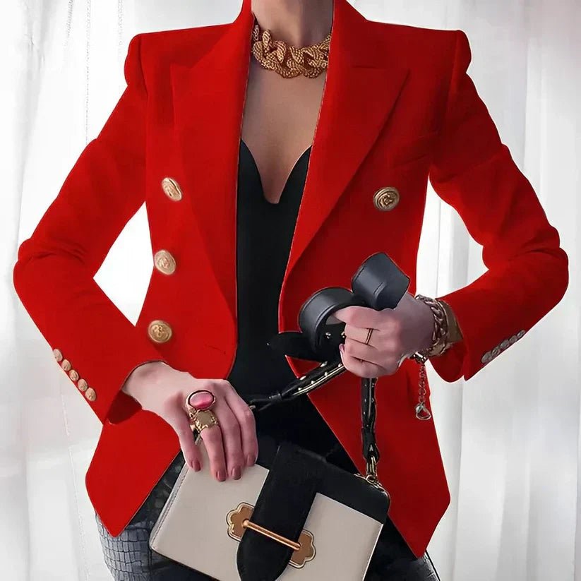 Elegant Tailored Blazer for Women with Double Breasted Gold Button Fitted Structured Style