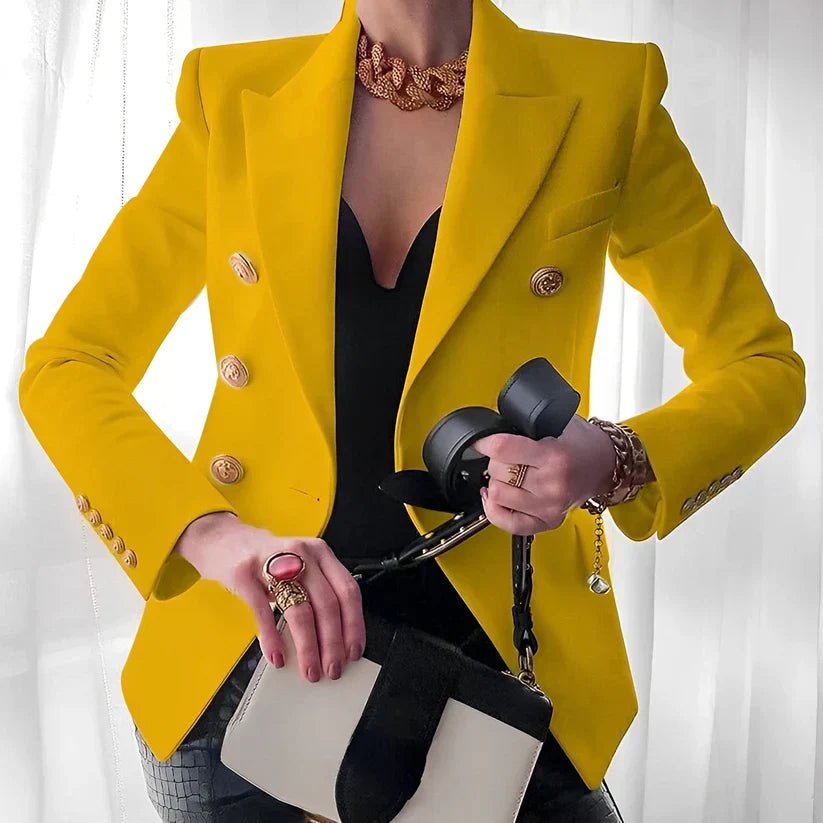 Elegant Tailored Blazer for Women with Double Breasted Gold Button Fitted Structured Style