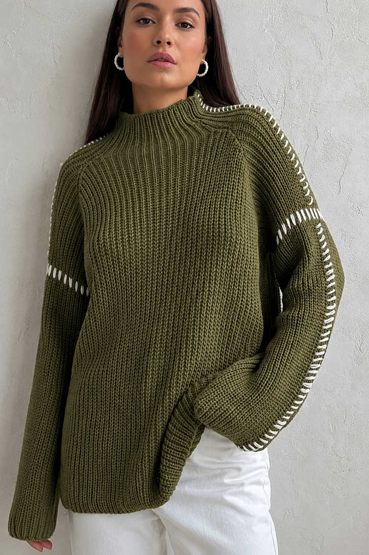 Comfortable Chunky Knit Sweater for Women with Mock Neck Long Sleeve Whipstitch Oversized Style
