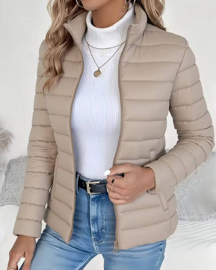 Effortless Quilted Puffer Jacket for Women with High Neck Long Sleeve Zip Front Casual Style